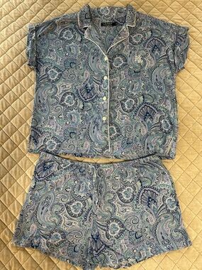 Lauren Ralph Lauren 2PC Blue Paisley Notched Collar Pajama Shorts Set Women’s XL